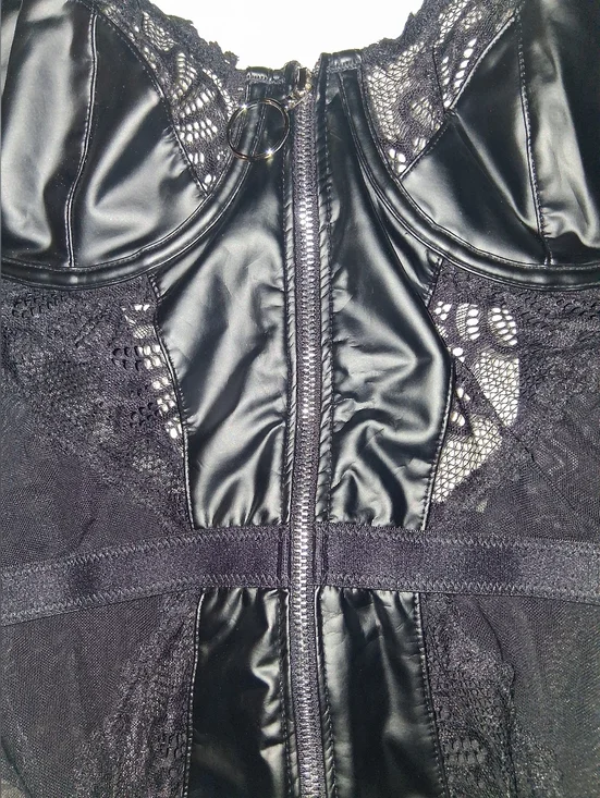Black Lace & Satin Bodysuit with Front Zip - Picture 4 of 5
